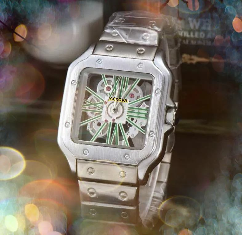 Popular quadrado oco esqueleto mostrador automático data relógios masculinos moda de luxo premium banda de aço inoxidável relógio de movimento de quartzo relógio montre de luxo presentes