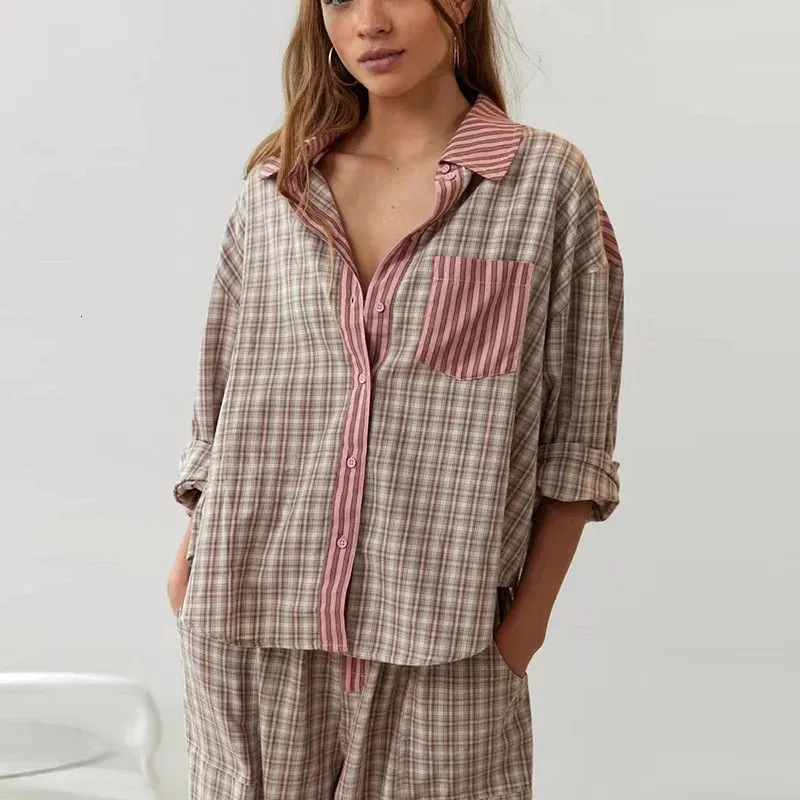 Sexig pyjamas Autumn Women s knapp upp krage skjorta jacka botten slips byxor set fjäder rutig randig tryckt långärmad pyjama s 231129