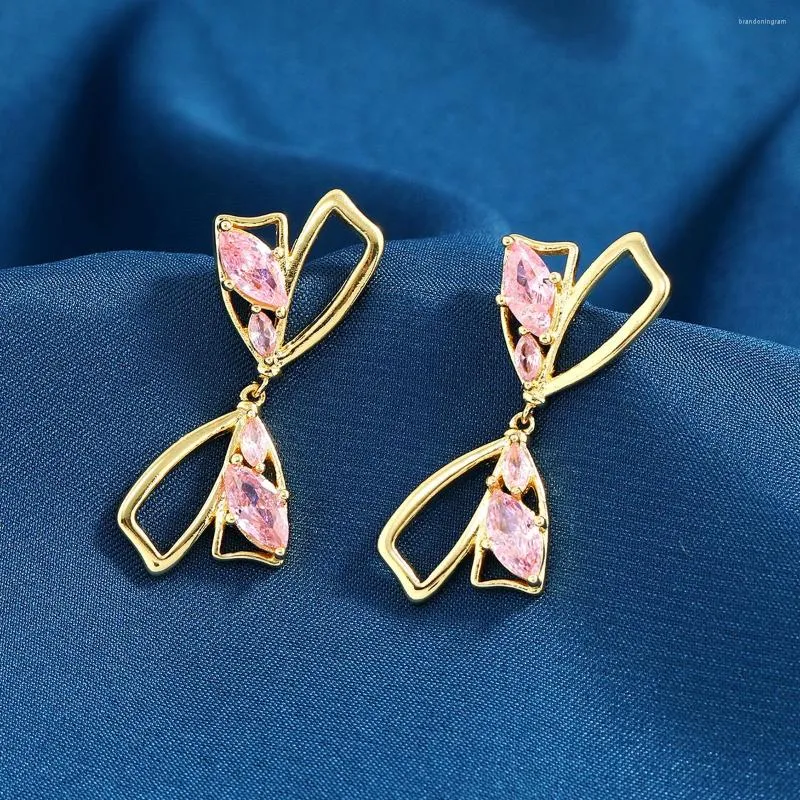 Stud Earrings 2023 Cute Pink Bow Flower For Women Zircon Inlaid Gold Color Fashion Party Jewelry Sweet Gift