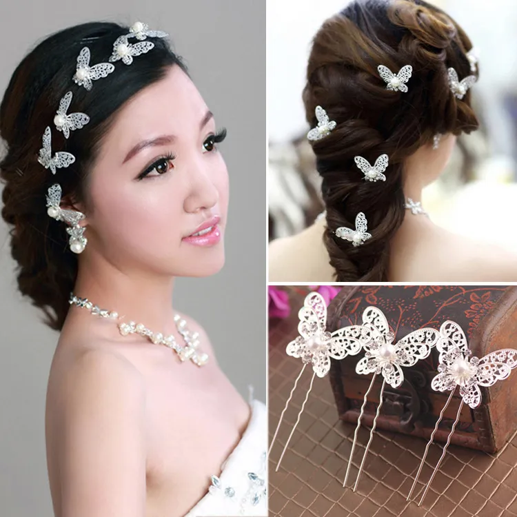 Bridal Pan Hair Ornament Large Butterfly Hair Fork U-shaped Clip Ornament Hairpin Pearl Diamond Pin Hairpin Red and White Hairpin