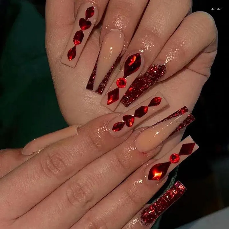 False Nails 24pcs Vintage French Red Glitter Rhinestones Full Cover Super Long Square Artificial Fake Art Tips Tryck på