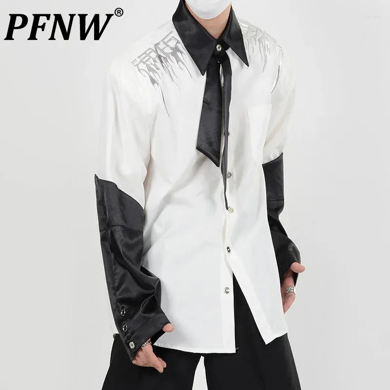 Men's Casual Shirts PFNW Niche Liquid Metal Shoulder Pad Shirt Patchwork Design Cardigan Punk Jacket Top Silhouette Tide Chic Fashion