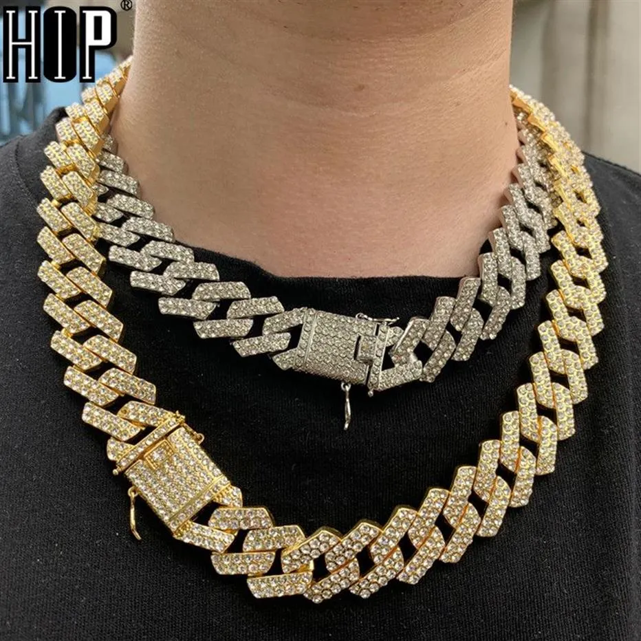 Hiphop 1set 20mm guld tunga miami -prong full is ut asfalterade rhinestones kubansk kedja cz bling rappare halsband för män smycken j12258j