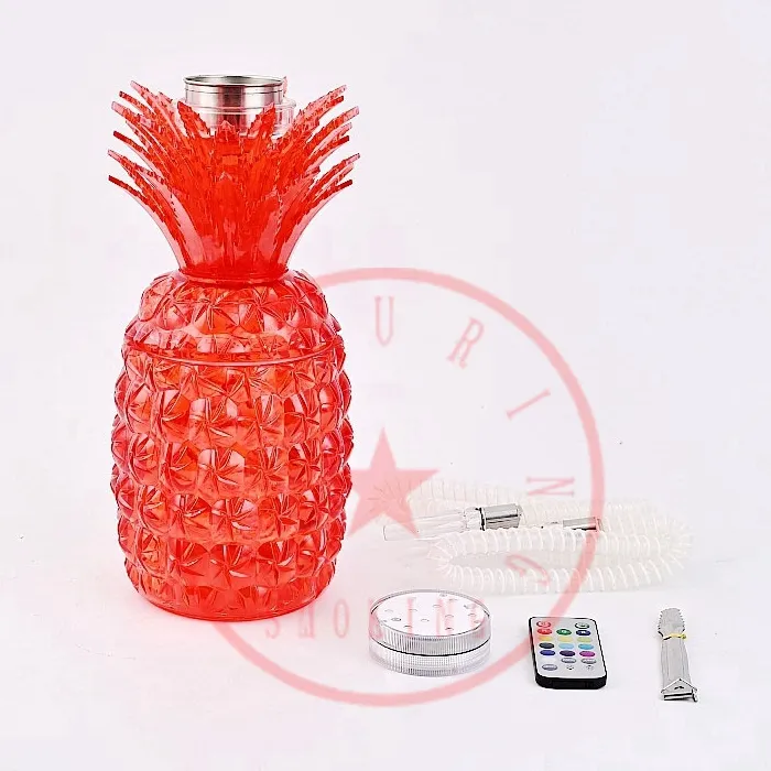 Kit di tubi per bong in plastica stile ananas colorato Kit di tubi per bong a LED portatile con telecomando Luce narghilè da viaggio Gorgogliatore per tabacco Ciotola per filtro per acqua Supporto per pipa ad acqua