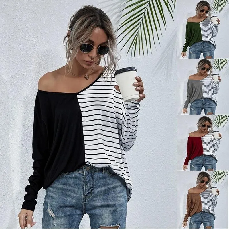 Kvinnors T-skjortor Långärmad höst Sexig säkring lågskuren djup V-Neck Open Back Loose Fashion Slim Rands Top Women