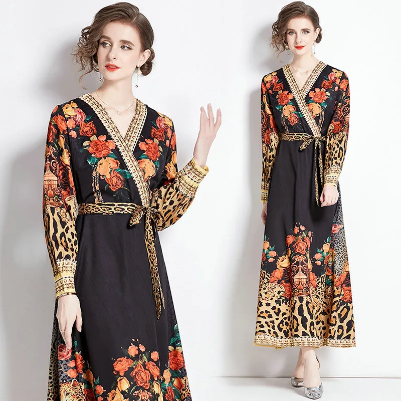 Boutique Dames Bedrukte Jurk Lange Seeve Bloemenjurk 2024 Lente Herfst Strikjurk High-end Mode Dame Maxi Jurken Feest Runway Jurken