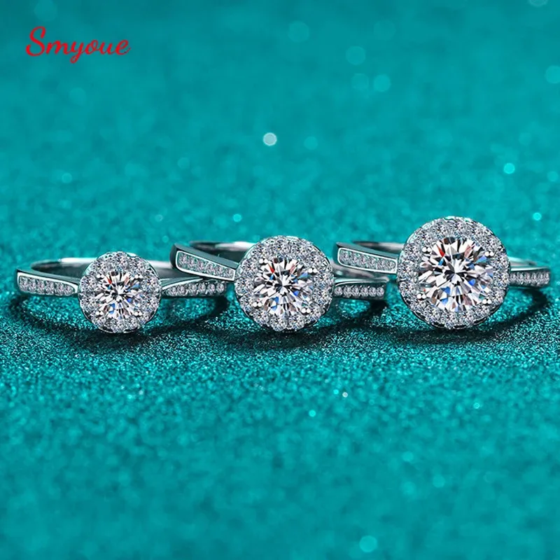 Anéis de casamento Smyoue personalizado 2ct anel de noivado real para mulheres clássico rond corte 925 prata laboratório diamante promessa banda gra 231128
