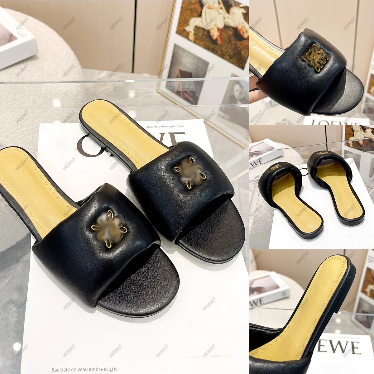 Luxury Designer Leather Slippers Sandals Metallic Floral LOGO Fashion Casual Beach Flats with Box and Dust Bag 35-42