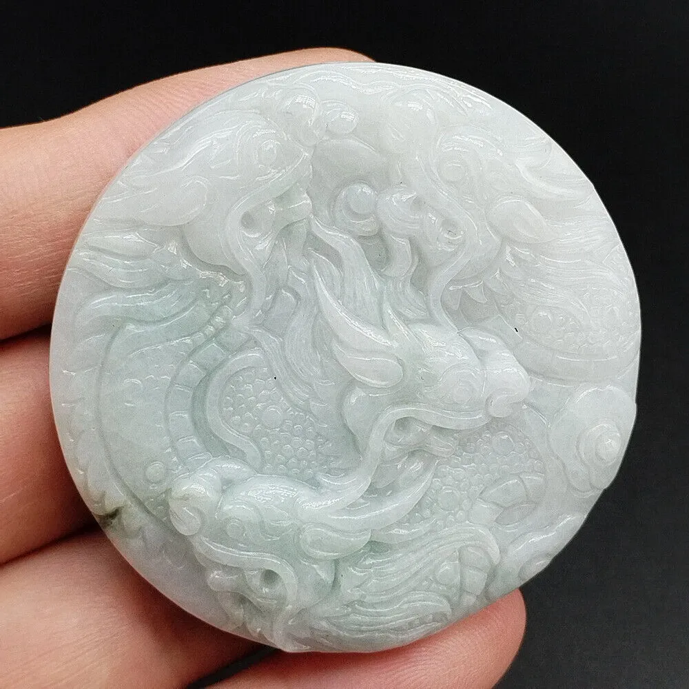 Pendentif en jade naturel de type A, lavande certifiée, neuf dragons sculptés