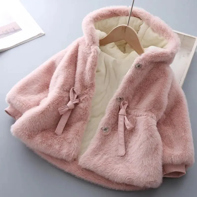 Down Coat 2023 Girls Kids Winter Fake Fur Soft Velvet Thickening Warm Hooded Coats Cute Belt Overcoats Children Clothing 08T 231128