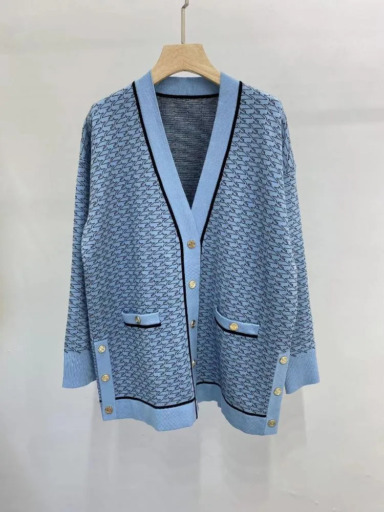 Cardigan 2022 Autunno Inverno New Sandr Giacca maglione cardigan lavorato a maglia scozzese con scollo a V in colori a contrasto