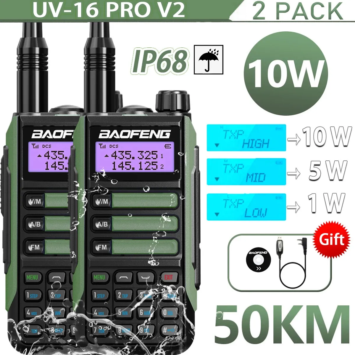 Walkie Talkie 2 Pack Baofeneng UV16 Pro V2 10W VHF UHF Çift Bant İki Yol CB HAM RADYO UV 16 Taşınabilir Alıcı -İkili UV5R UV10R 231128