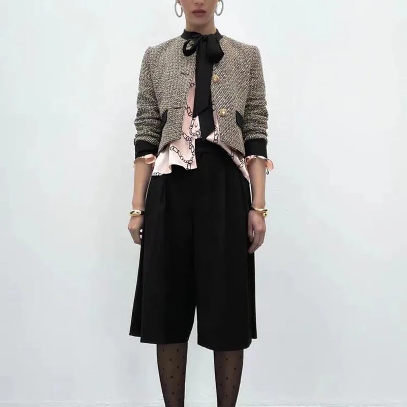 Damesjacks Xikom herfst voor vrouwen 2023 BOW TWEED JAAG Plaid Coat Casual Slim Cardigan