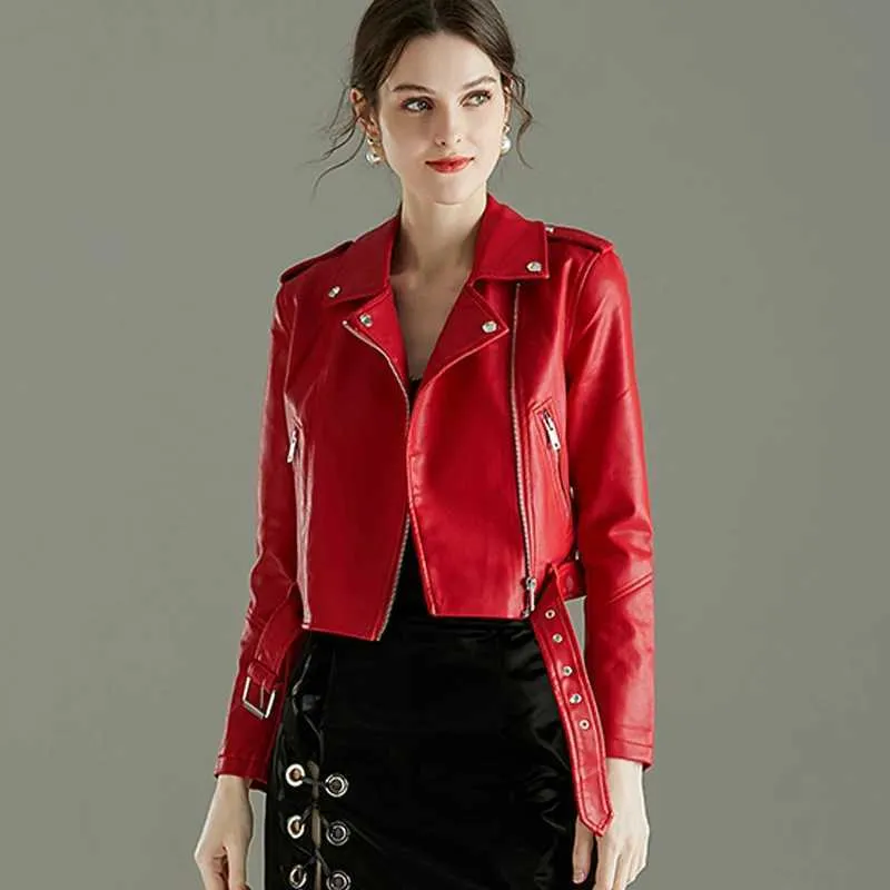 Femmes vestes en cuir dame Pu Bomber moto Biker rose jaune noir Faux manteaux avec ceinture vêtements d'extérieur