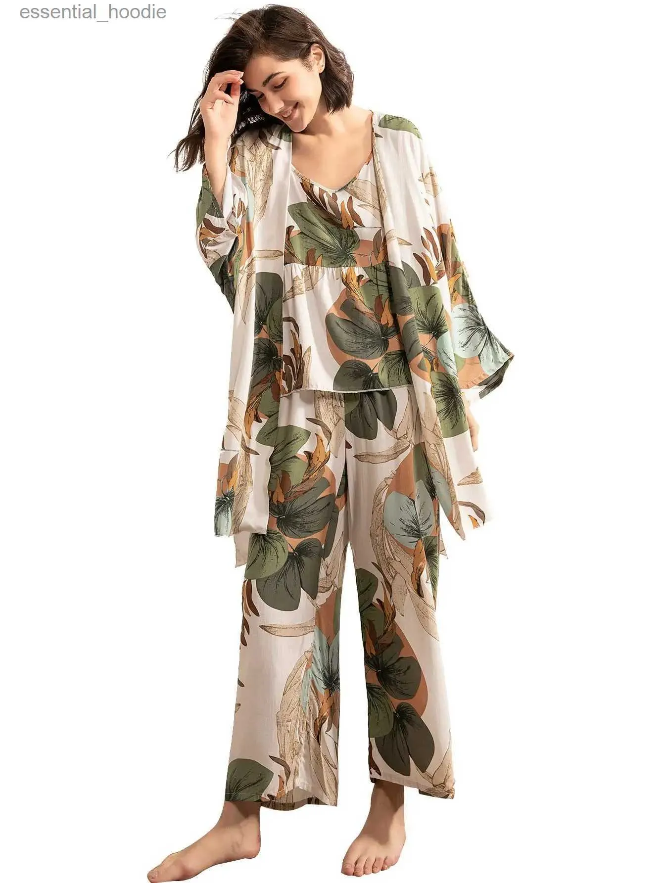 Leaf Print Womens Pajama Set with Robe Sleepwear Lounge Set, S