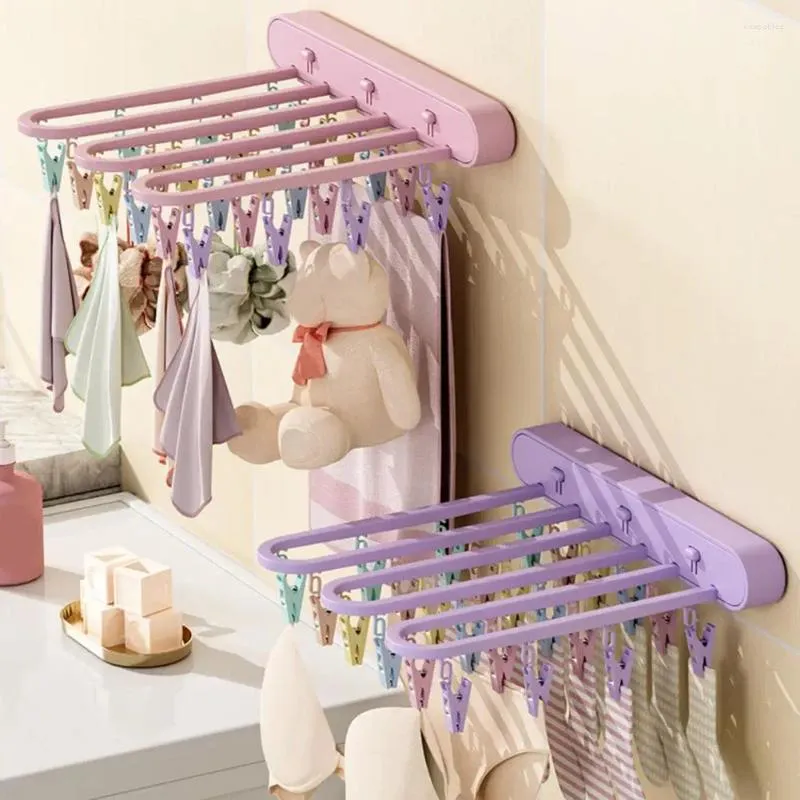 Hangers Folding Clothing Drying Hanger With 24 Windproof Clips Wall Mount No Drill Sock Underwear Bra Brief Towel Bath Hanging Rack