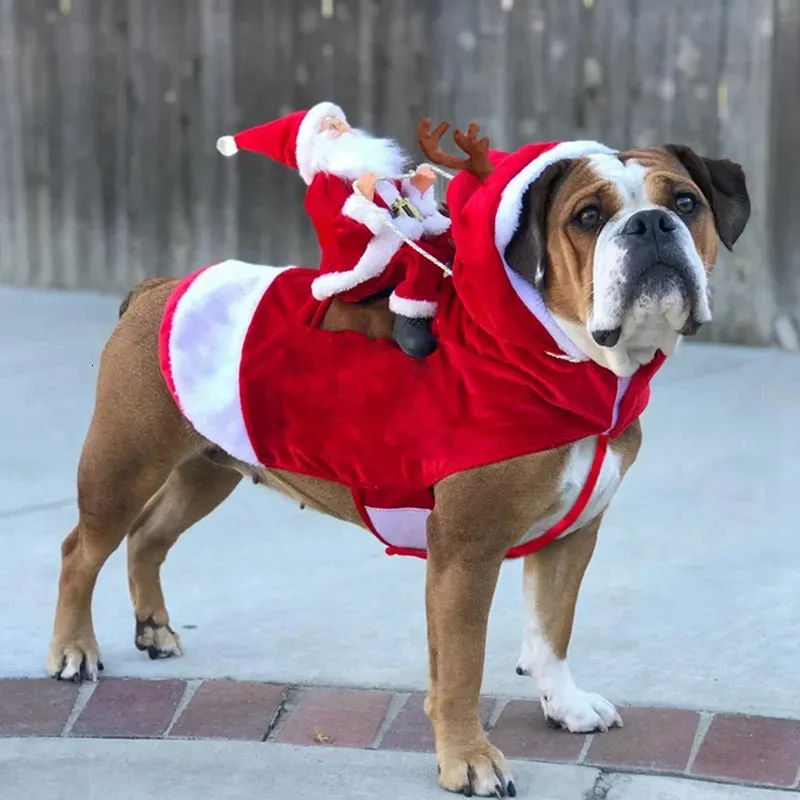 Одежда для собак Fun Pet Dog Рождественская одежда Санта-Клаус верхом на олене Куртка Пальто Домашние животные Рождественская одежда для собак Костюмы для большой собаки Маленькая собака 231129