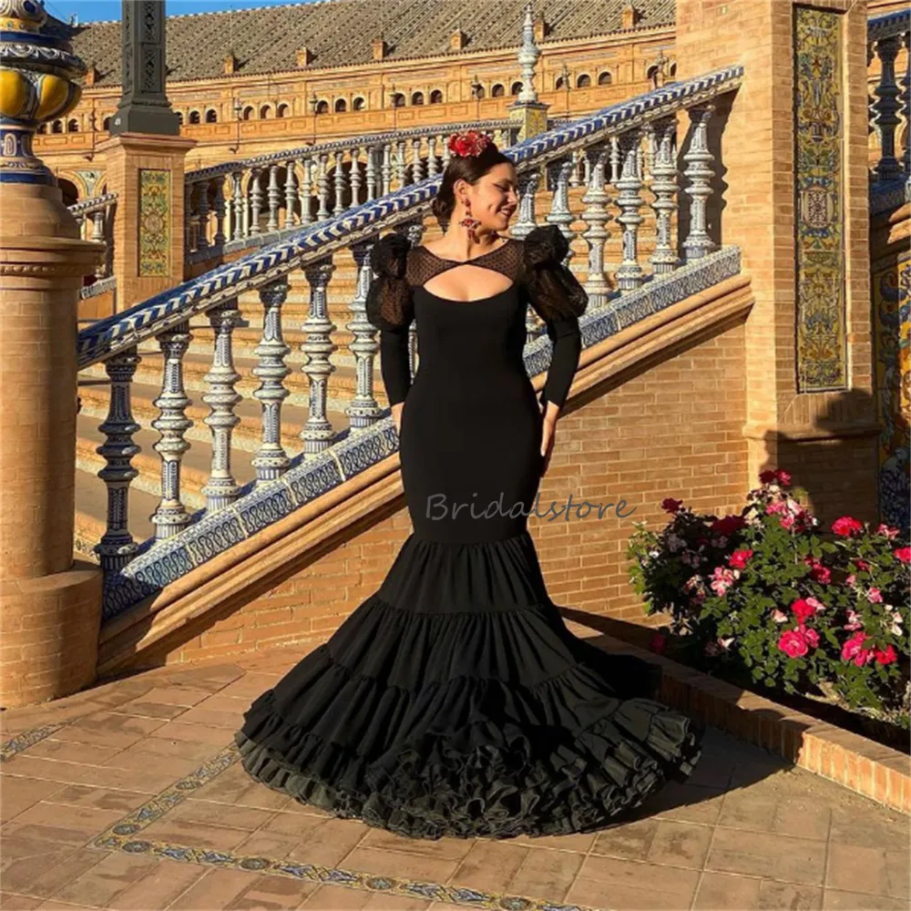 Spanska svart flamenco prom klänning med polka dot tulle sexig rygglös långärmad dans kväll klänning ruffles kostym formell 2023 mantel de mariee vestidos de fiesta