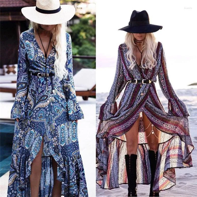 Casual Dresses Women Summer Dress Boho Style Long Maxi Evening Party Sexig Vintage Floral V Neck High Split Beach sundress