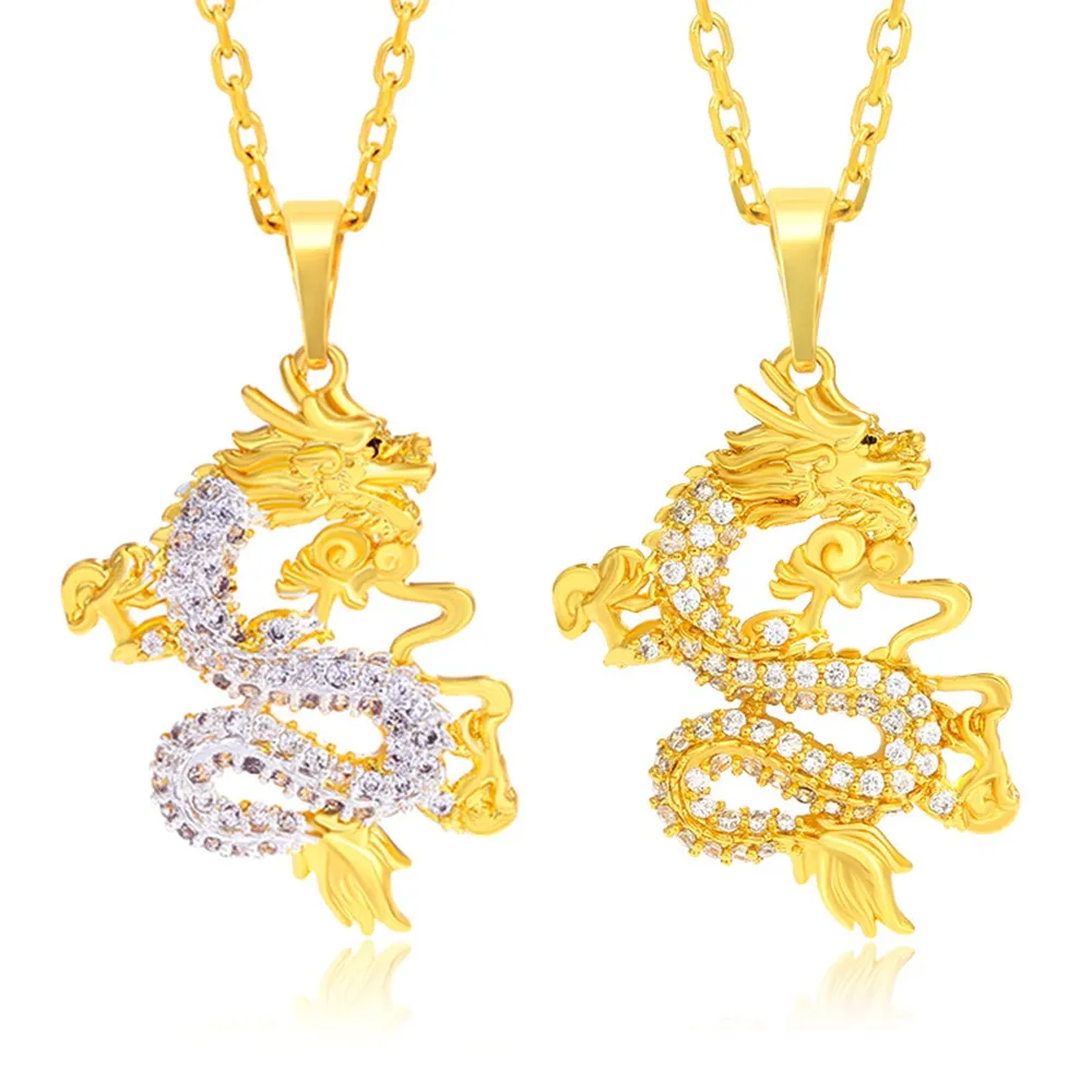 نساء رجال سلسلة قلادة مع Dragon Design Iced Out Tiny Cubic Zirconia inlaid in REAL 18K Gold Gold Gold Hight