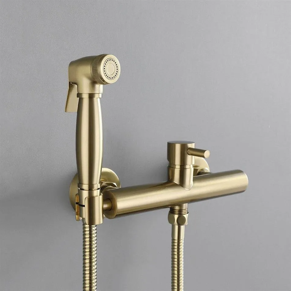 H & Cold Bidet Sprayer Faucet Brushed Gold Brass Black Chrome Wall Mounted Toilet Shower Kit 264q