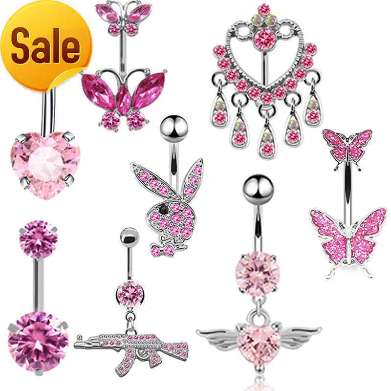 Nose Rings Studs 1Pcs Romantic Pink Belly Piercing Buckle Umbilical Nail Cat Head Dragonfly Pistol Butterfly Belly Button Rings Piercing Jewelry J230223