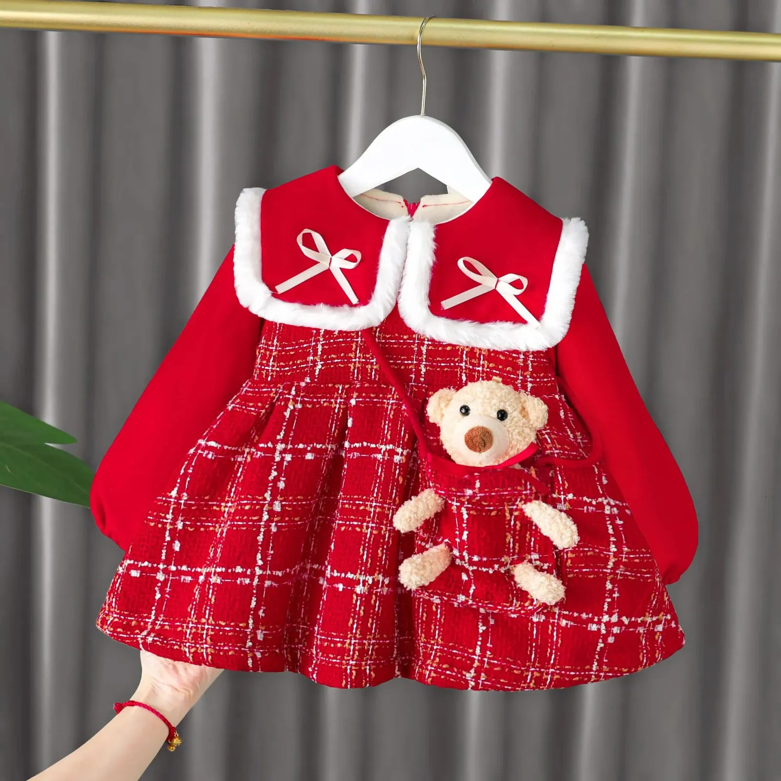 Kız Elbiseleri Kızlar Sonbahar/Kış elbisesi çocuklar artı kadife kalınlaşan prenses elbise karikatür ayı bebek kıyafetleri çocuklar Noel kıyafetleri 231129
