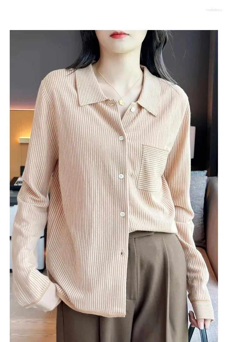 Women's Blouses Top End Women Fashion Wool Striped Long Sleeve Knitted Blouse Elegant Lady OL All Match Single Breasted Polo Collar Tops