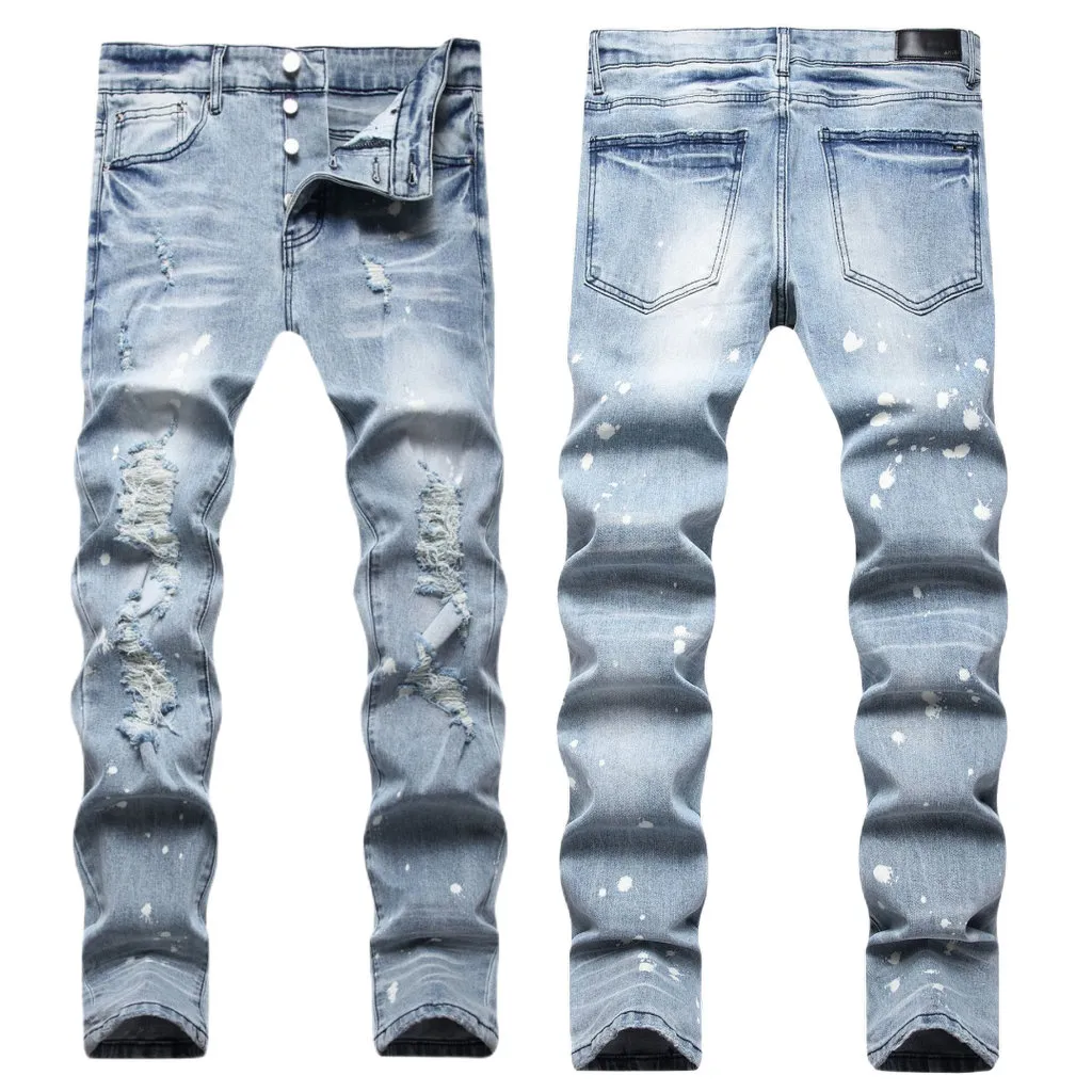 Męskie dżinsy europejskie dżins hombre gwiazda litera am małe miejsce men haftowa patchwork Ripped Trend Brand Motorcycle Spodni męskie obcisłe am8821# Rozmiar 30-44