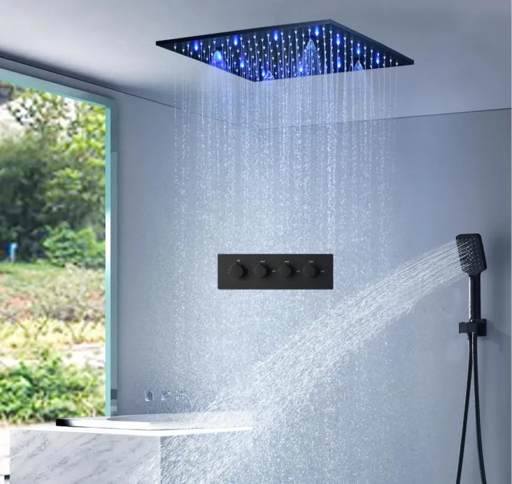 Black Shower Set 20Inches SPA Mist Rainfall ShowerHead Bathroom Thermostatic Mixer LED Ceiling Shower Faucets2515970