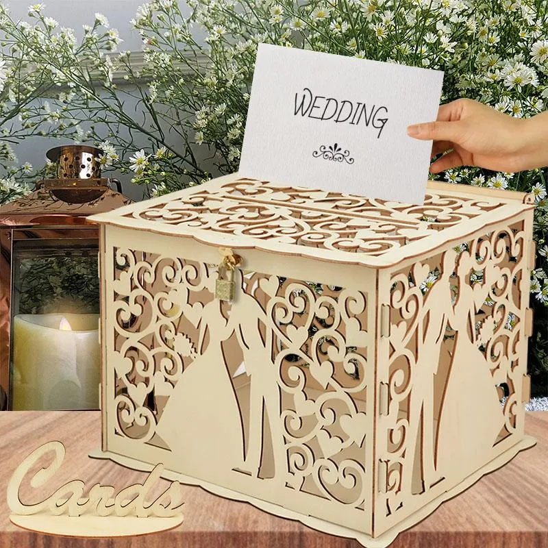 Partydekoration DIY Hochzeitskartenboxen Herr Frau Paar Spardose aus Holz mit Schloss hohlem Blumenmuster Geschenk Geburtstagszubehör