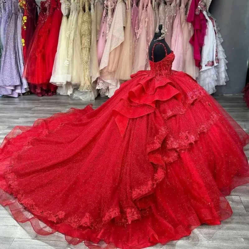 Red Shiny Quinceanera Dresses Sleeveless Crystal Sequined Ball Gown Off The Shoulder Applique Lace Corset Vestidos Para XV Anos 15 de