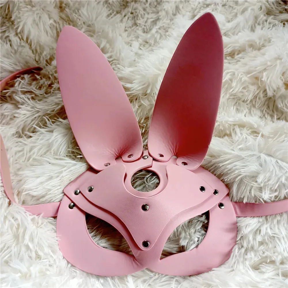 Brinquedos adultos B.CYQZ Sexy Orelhas de Coelho Máscaras Rosa PU Couro Masquerade Cosplay Máscaras Harness Mulher Acessórios Gótico Prop Halloween 231128