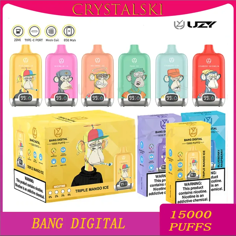 Original UZY Bang Digital puff 15k Disposable E cigarettes Features Mesh Coil 20ml vaper vape 15k puffs 0/2/3/5% Rechargeable 850mAh RGB vapor VS Tornado Digital Box