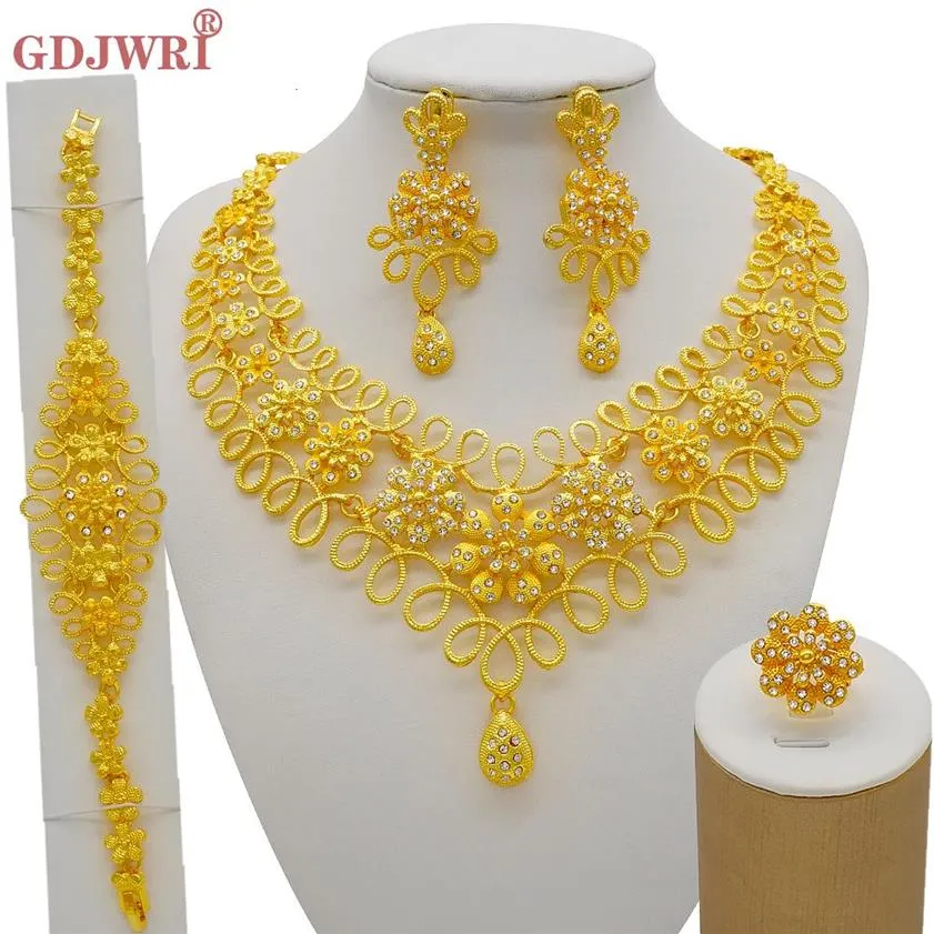 Wedding Jewelry Sets Nigeria Dubai Gold Color Fine Flowers African Gifts Party For Women Bracelet Necklace Earrings Ring Set 23021186B