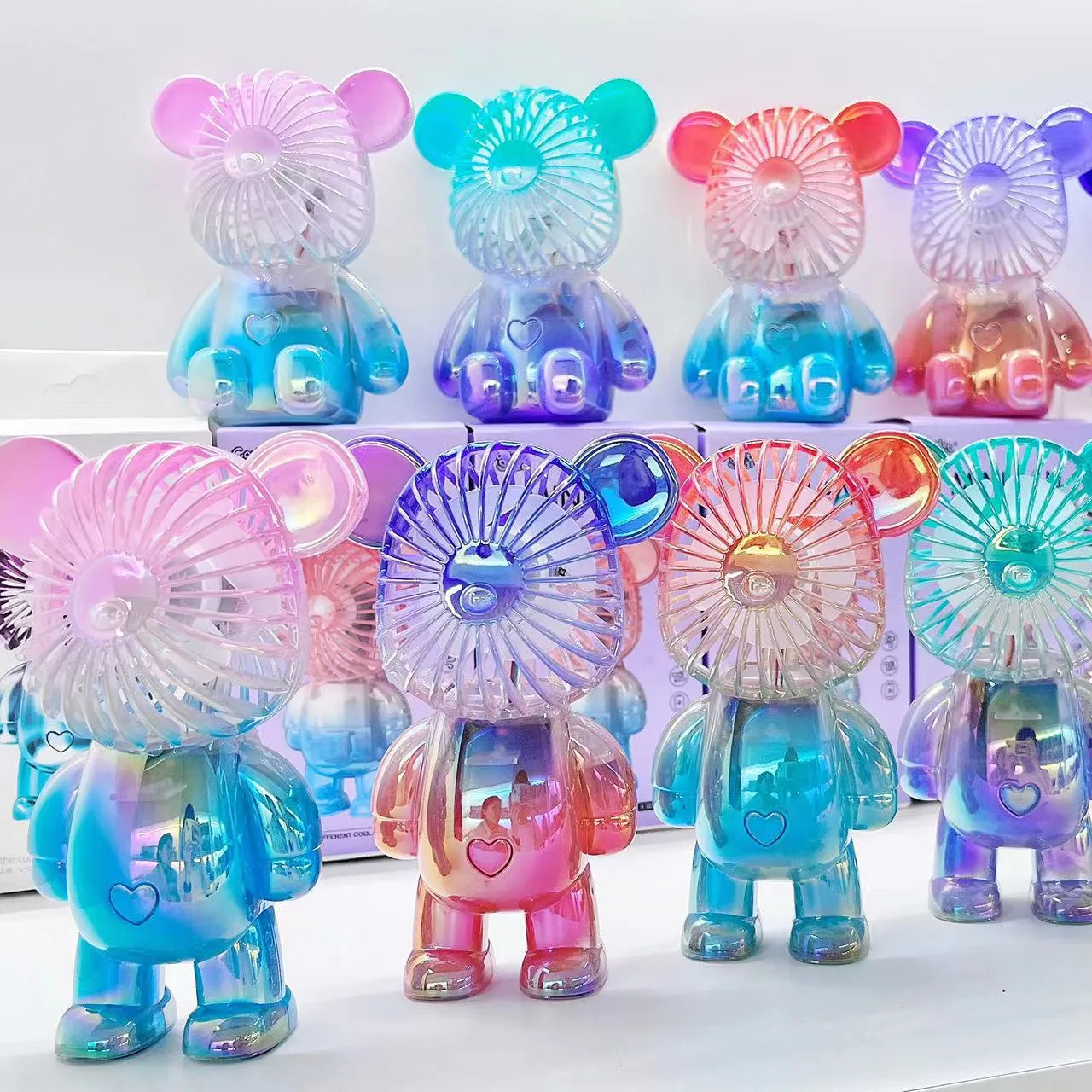 USB Mini Fan Party Rainbow Перезаряжаемые связки Ручной гальванический медведь Открытый Творческий рабочий стол Mute Зарядка Портативный ветровентилятор