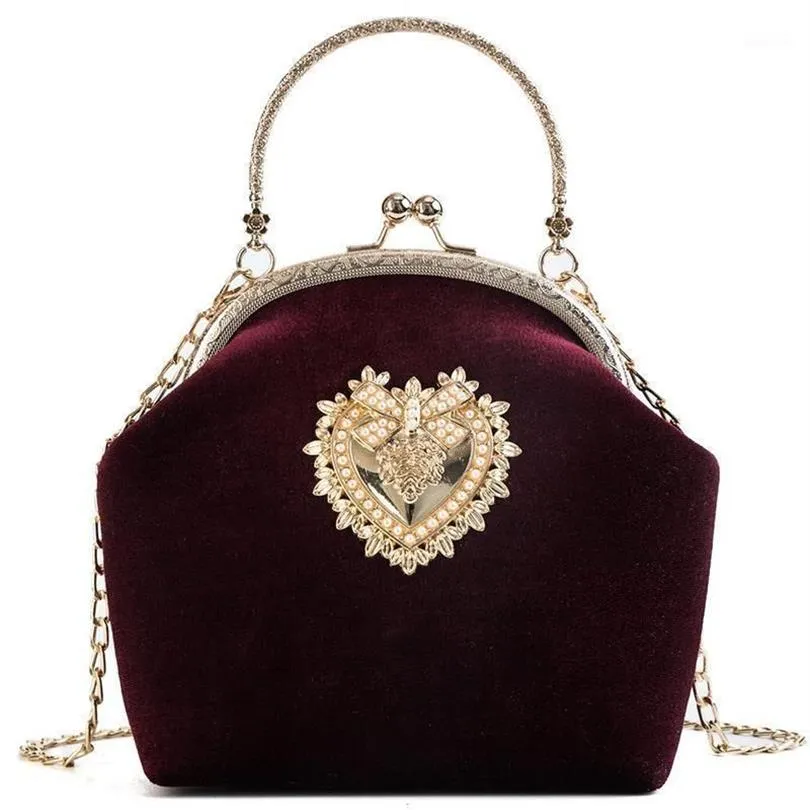 Kvällspåsar 2021 femme retro sammet pärla handväska vintage velor hjärtdesign väska bröllop party brud koppling märke purse2643