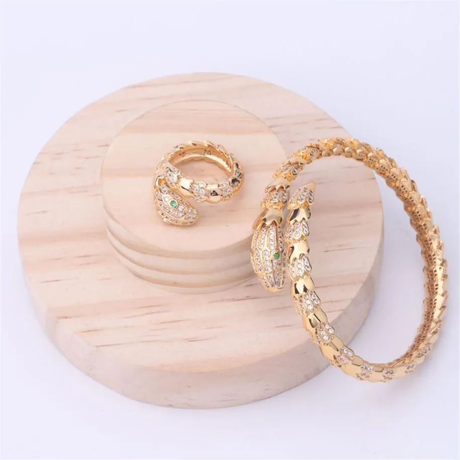 Marca de moda conjuntos de jóias senhora latão brilhante superfície espaçamento diamante único círculos cobra serpente 18k ouro pulseiras de noivado ri260q