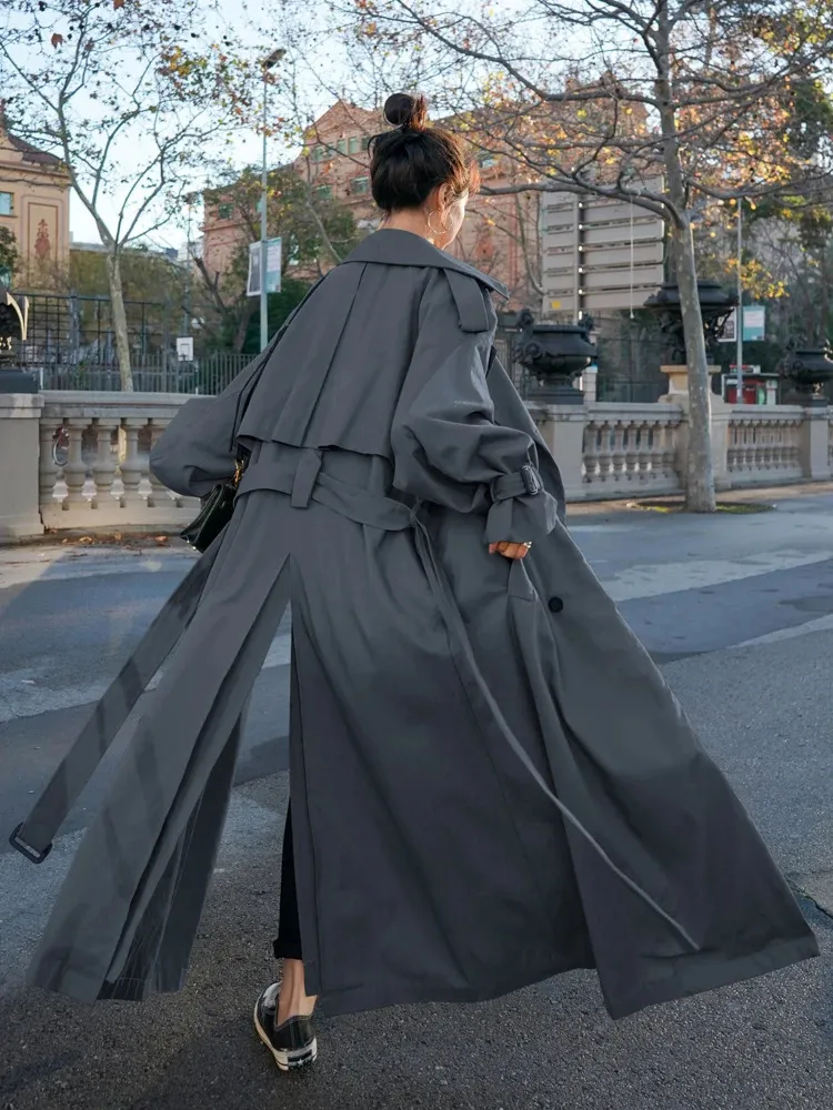Oversized Korean Trench Coat - Womens X-Long Grey Windbreaker