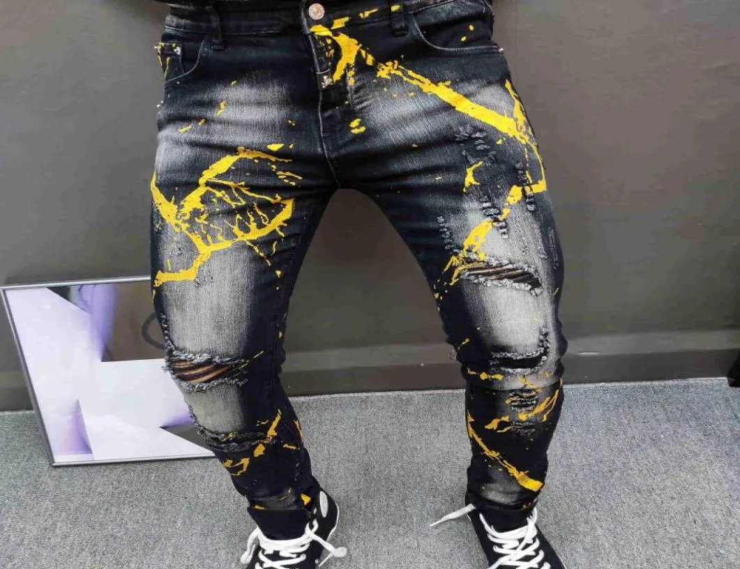 Stretch Jeans Black And Yellow Biker Jeans Men's Black Gold