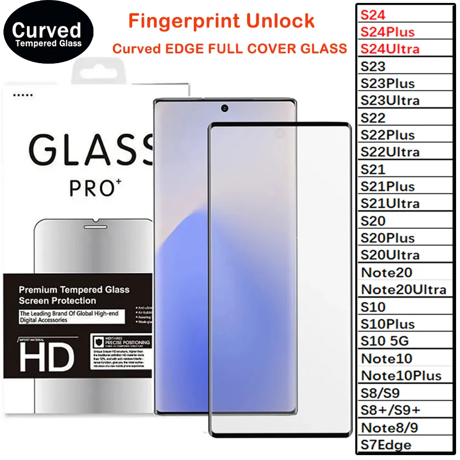 S23 Ultra Curved Glass Glass Screen Protector لـ Samsung Galaxy S22 S21 S20 S8 S9 Note20 بالإضافة