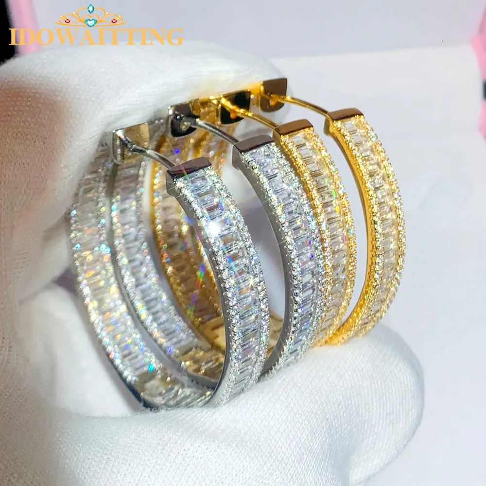 Hoop Huggie Iced Out Bling Sparking rincess Cut Square Shaped Cubic Zirconia CZ Gold Color Plated Classic 45mm Big Circle Hoop Earring 230428