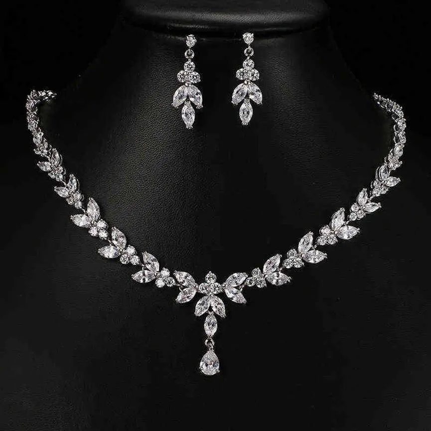 Ekopdee luxe brillant feuille ensemble de Bijoux pour femmes Zircon argent couleur mariage mariée collier boucles d'oreilles Parure Bijoux 211204290G