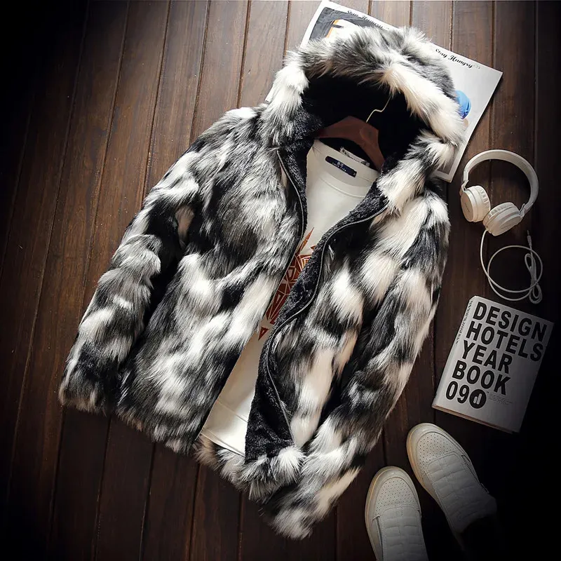 男性の毛皮のフェイクファッションの男性暖かい冬のスリムシミュレーションフォックスファージャケットマンの高品質のレジャーフード付きコート肥厚ジャケット231128