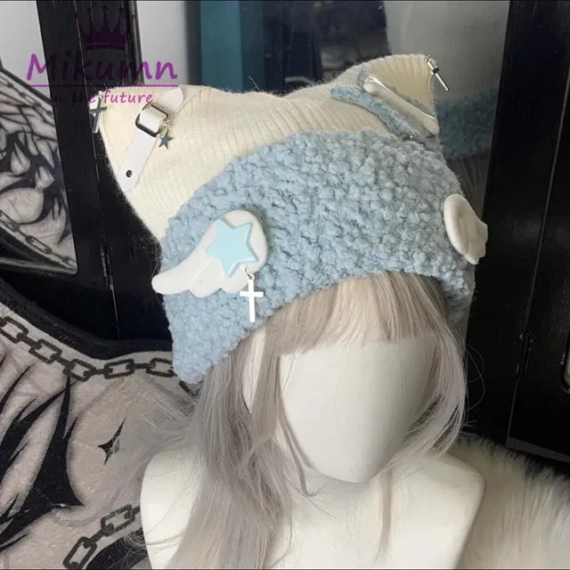 Y2K – bonnet gothique tricoté avec oreilles de chat pour femme