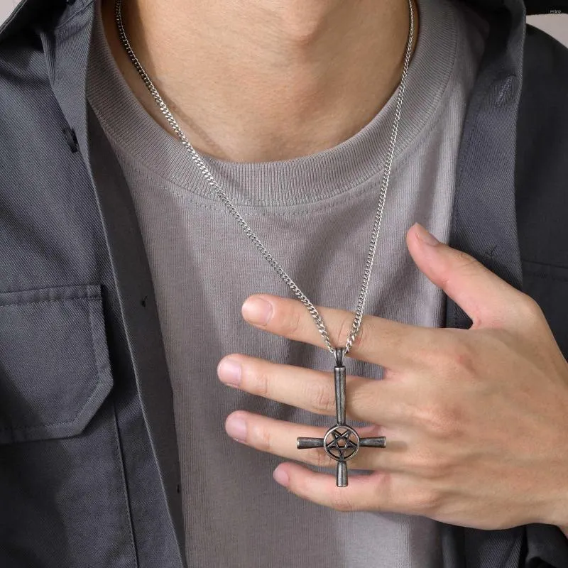 Colares com pingente legal punk de cabeça para baixo cruz invertida satanás estrela de david para homens vintage colar corrente cubana presentes joias