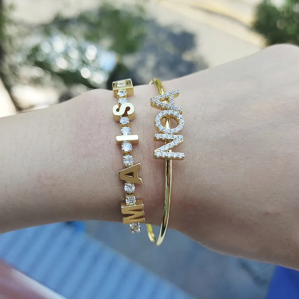 Bangle Zircon Nome Bangles Personalidade Pulseira Personalizada Palavras Letras Mulheres Jóias Presente 231128