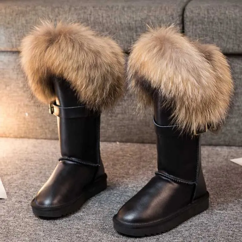 Stivali in pelo di volpe extra-large Pelliccia di volpe naturale Stivali da neve invernali casual Scarpe calde da donna in vera pelle scamosciata di mucca Nero Marrone