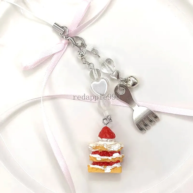 Telefon-Charm-Anhänger, Schlüsselanhänger für Tasche, Telefon, Erdbeerkuchen, Löffel, Charm, Damen-Handyband, Lanyard-Kette, Schlüsselanhänger, Schmuck