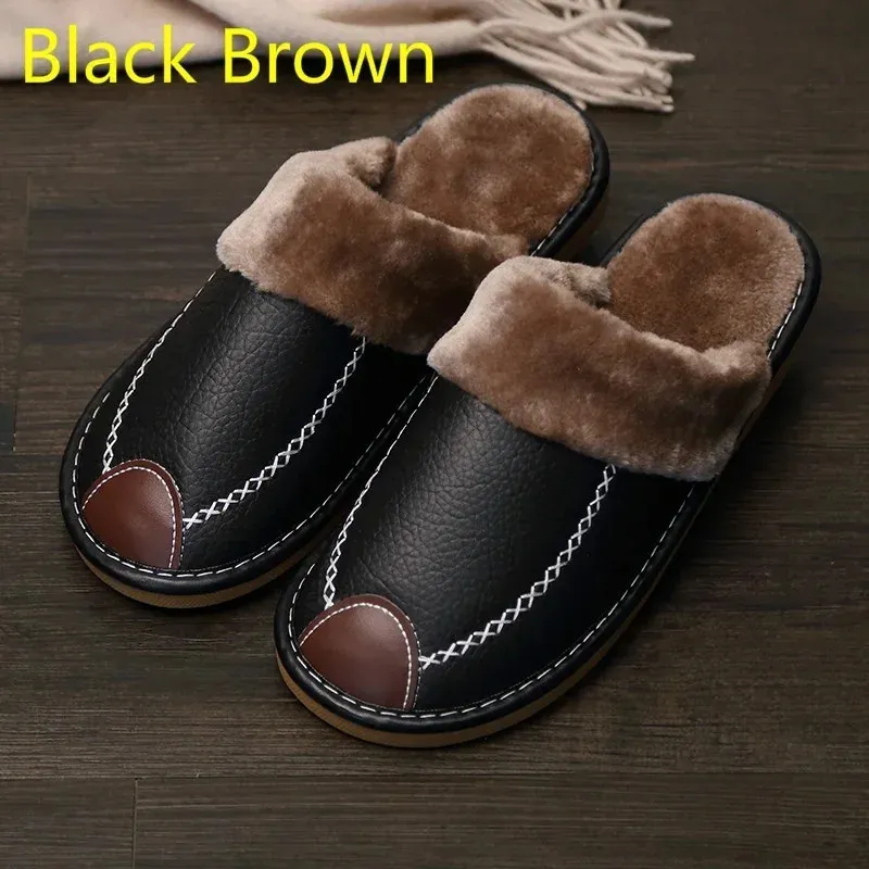 Slippers Men Slippers Black Winter PU Leather Slippers Warm Indoor Slipper Waterproof Home House Shoes Women Warm Leather Slippers 231128